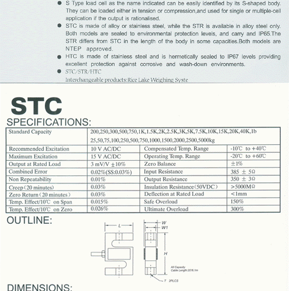 美國世銓CELTRON STC-5KG 稱重傳感器技術(shù)參數(shù)圖